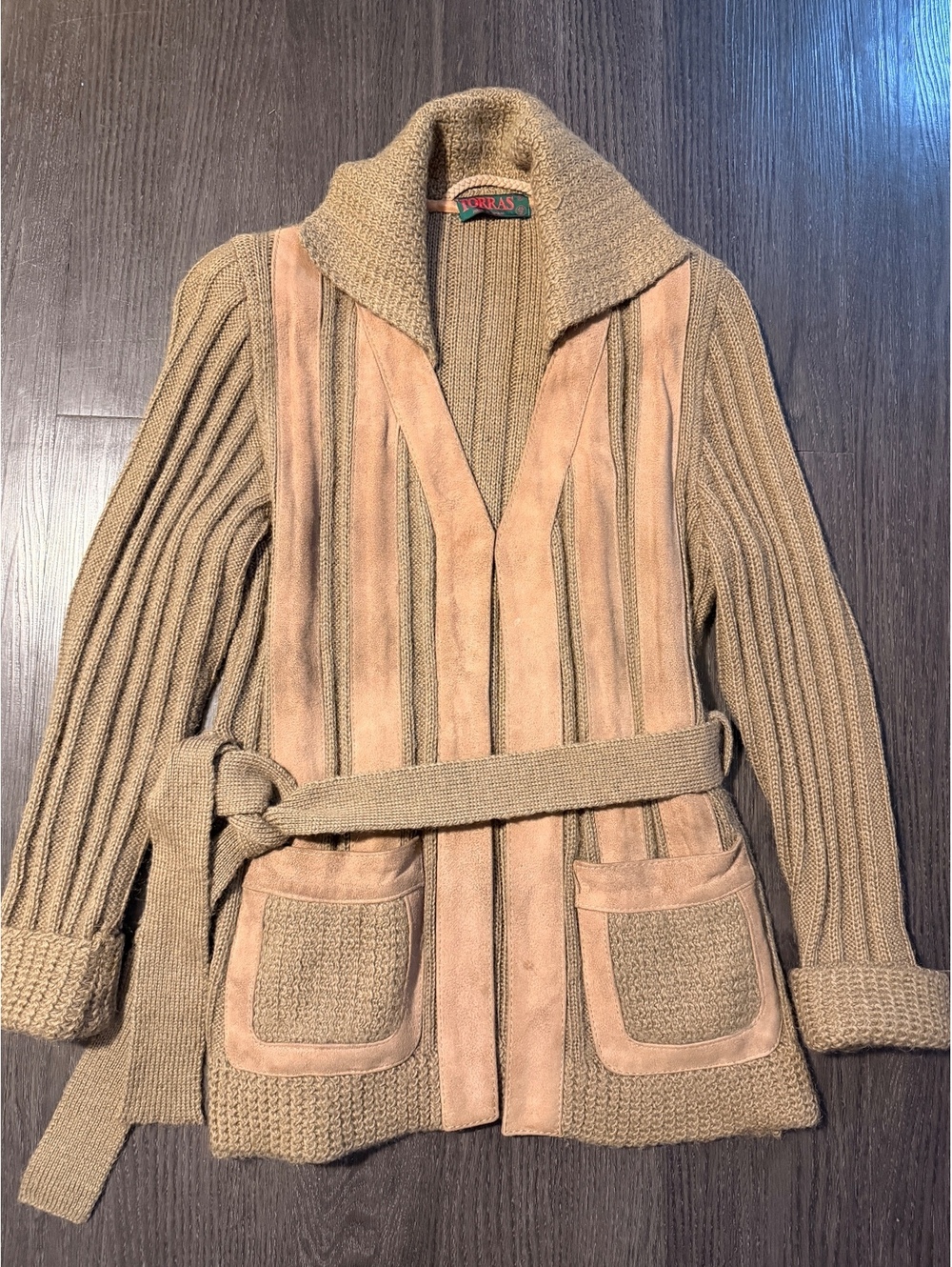 Vtg 80s Torras Spain Luxury Suede Ribbed Knit Belted Jacket 46